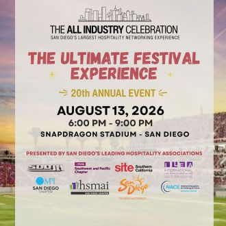 Event flyer for “The Ultimate Festival Experience,” 20th annual event, August 13, 2026, 6-9 PM at Snapdragon Stadium, San Diego; hosted by Southern California hospitality associations.