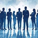 Nine silhouetted business people stand together in a group, dressed in formal attire, against a blue abstract background.