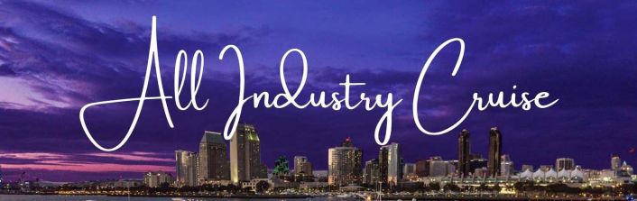 "All Industry Cruise" title super-imposed over a beautiful sunset view of the San Diego cityscape